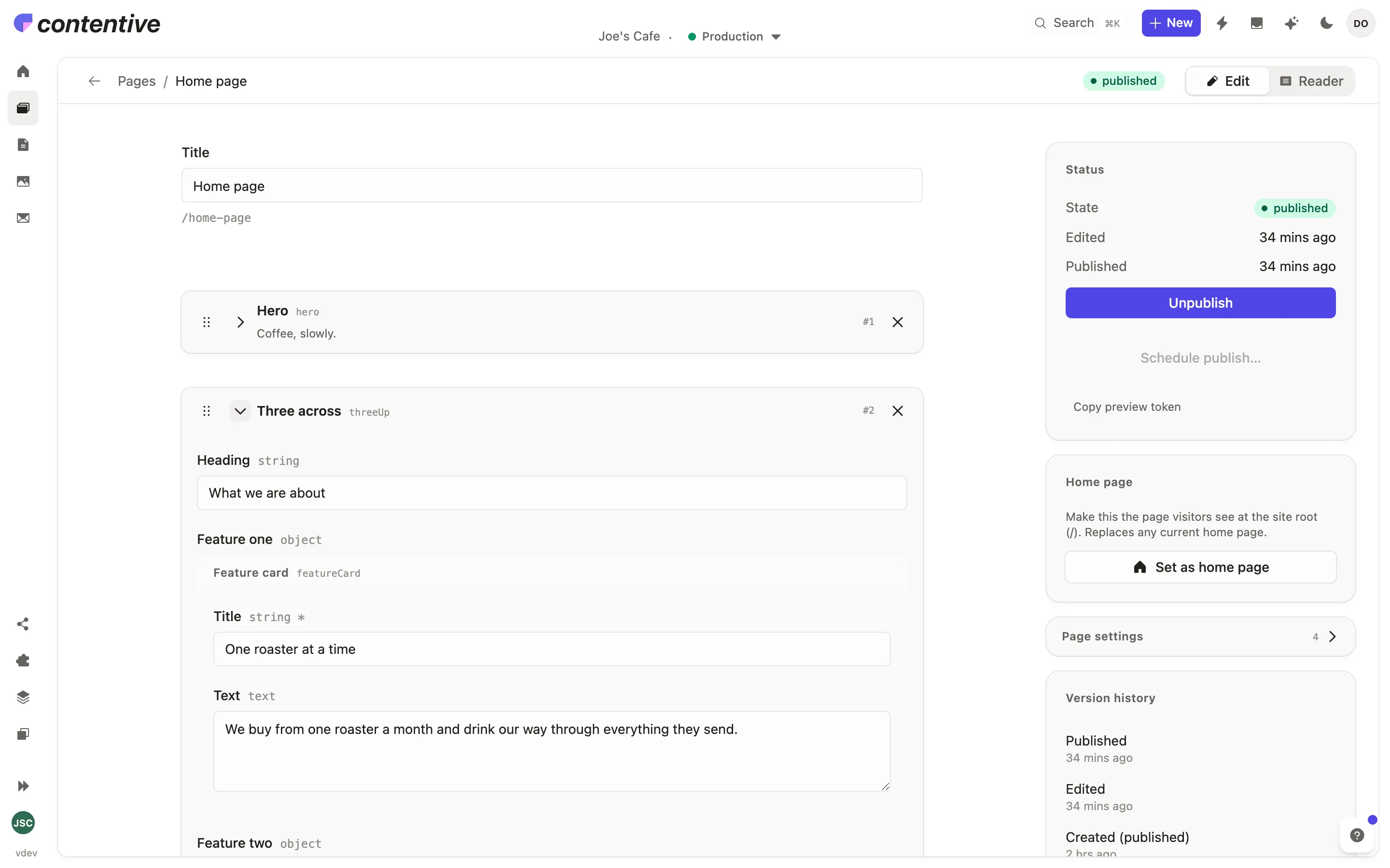 The page composer in the Studio: a page built from an ordered list of sections, with one section open and its fields showing.