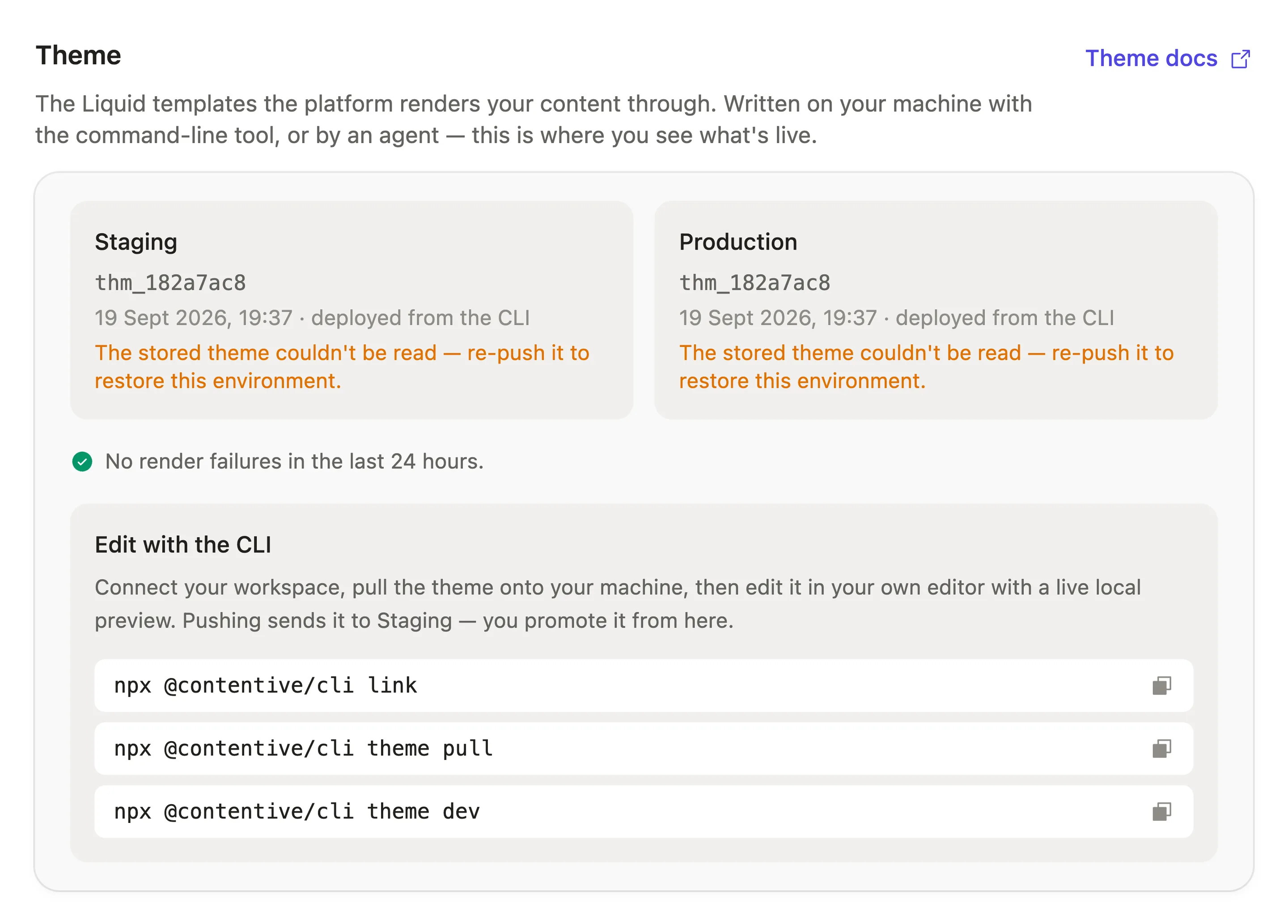 The theme card in the Studio's Deployments settings, showing the deployed theme version on staging and production and the commands for pulling it into a repository.