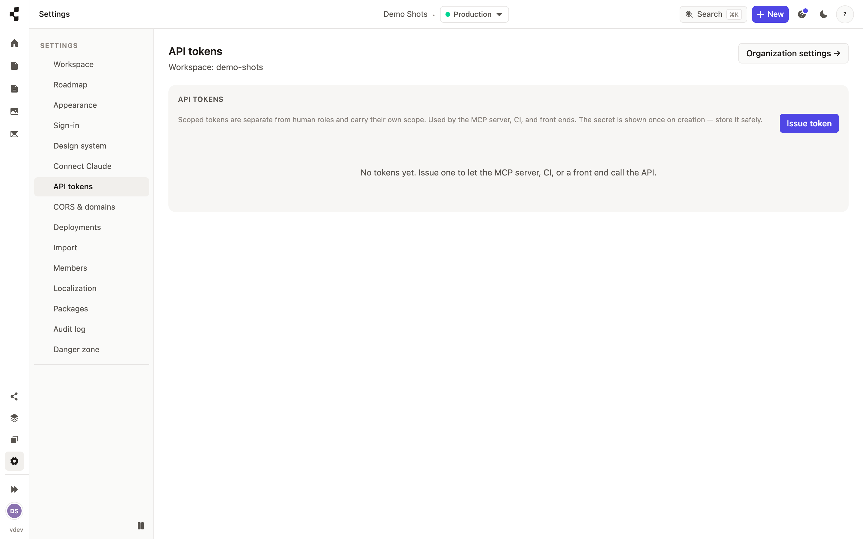 The API tokens settings, listing tokens with their scope and a button to create a new one.