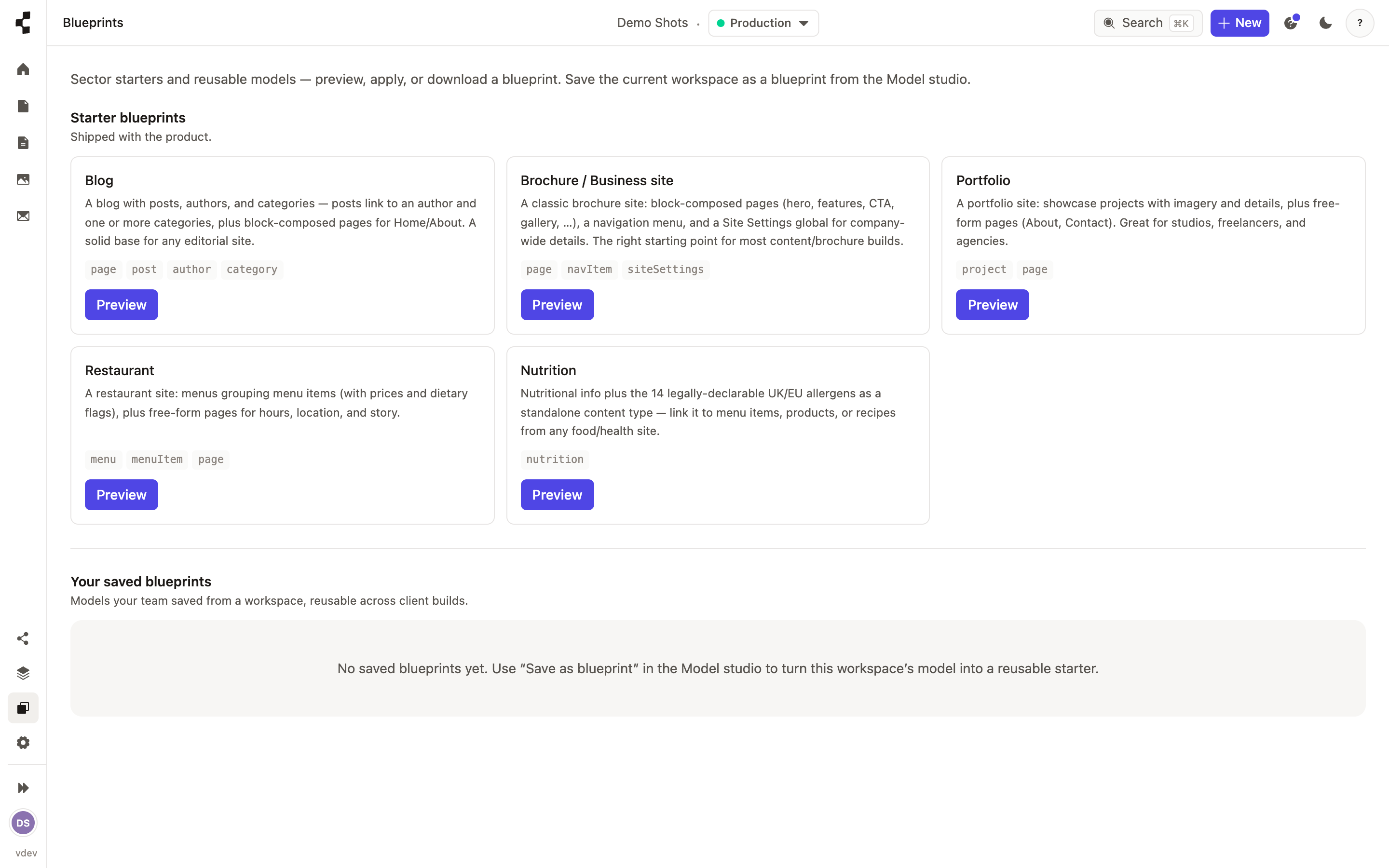 The starter templates gallery, offering ready-made models for common kinds of site.