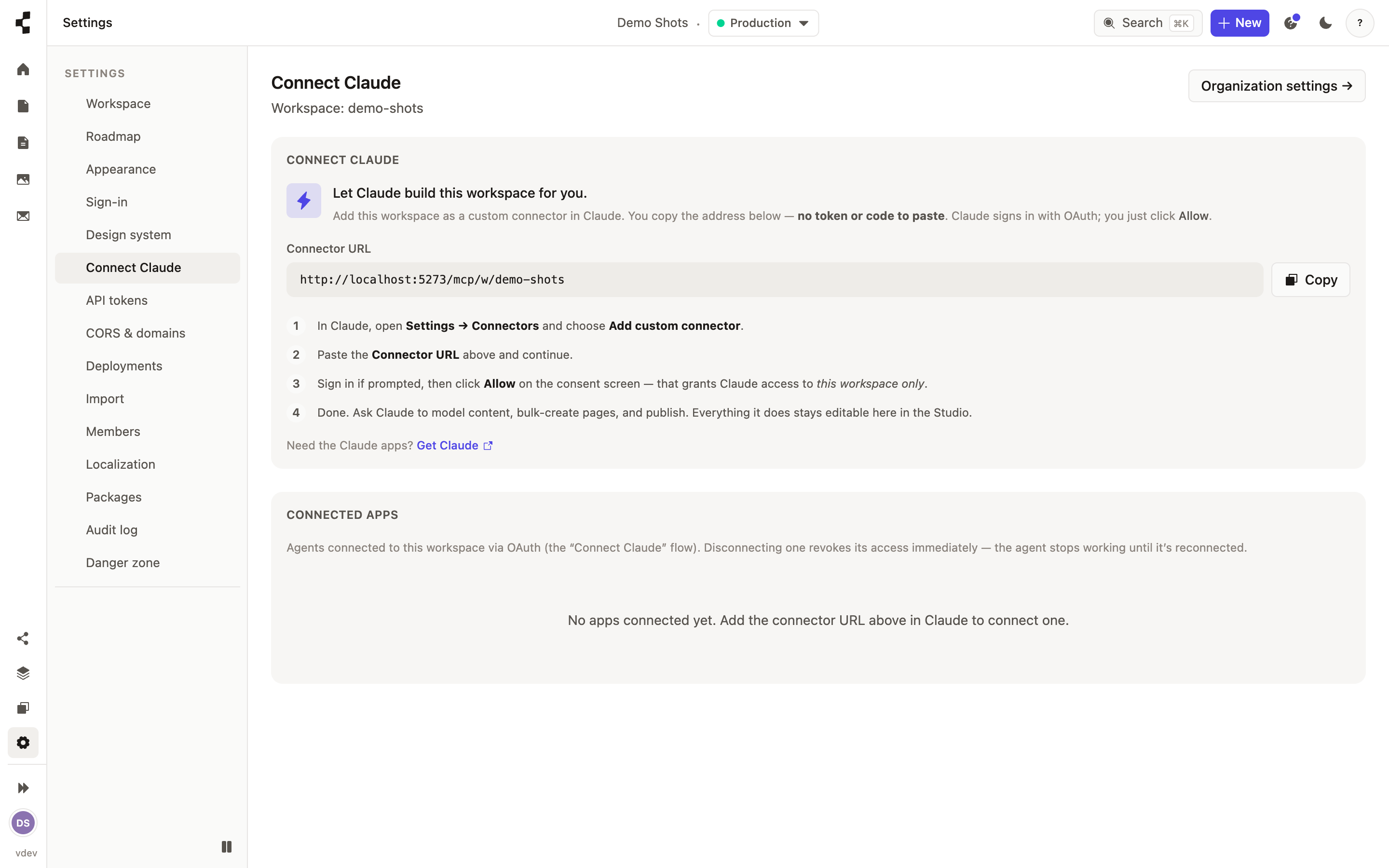 The Connect Claude settings, with the steps to link an external AI agent to the workspace.