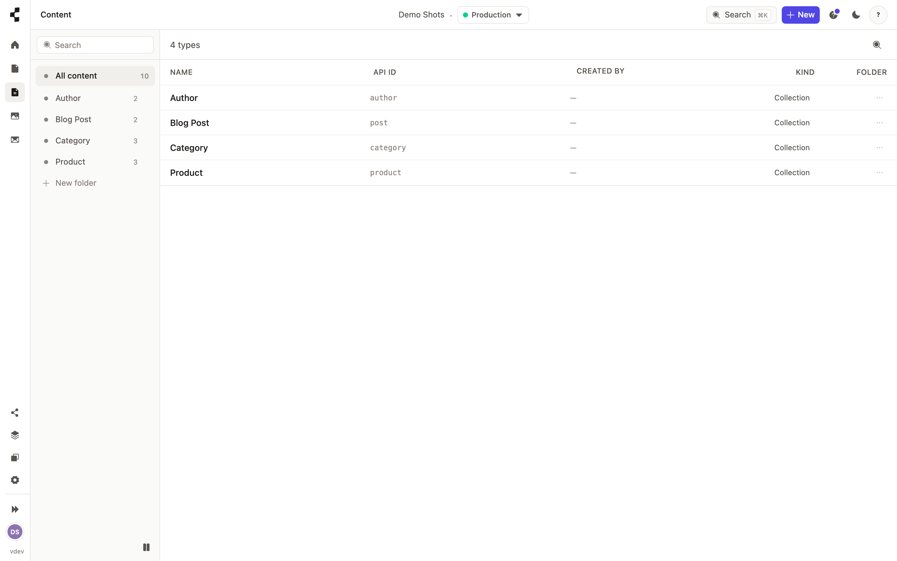 The Content area listing the workspace content types — pick one to start adding entries.