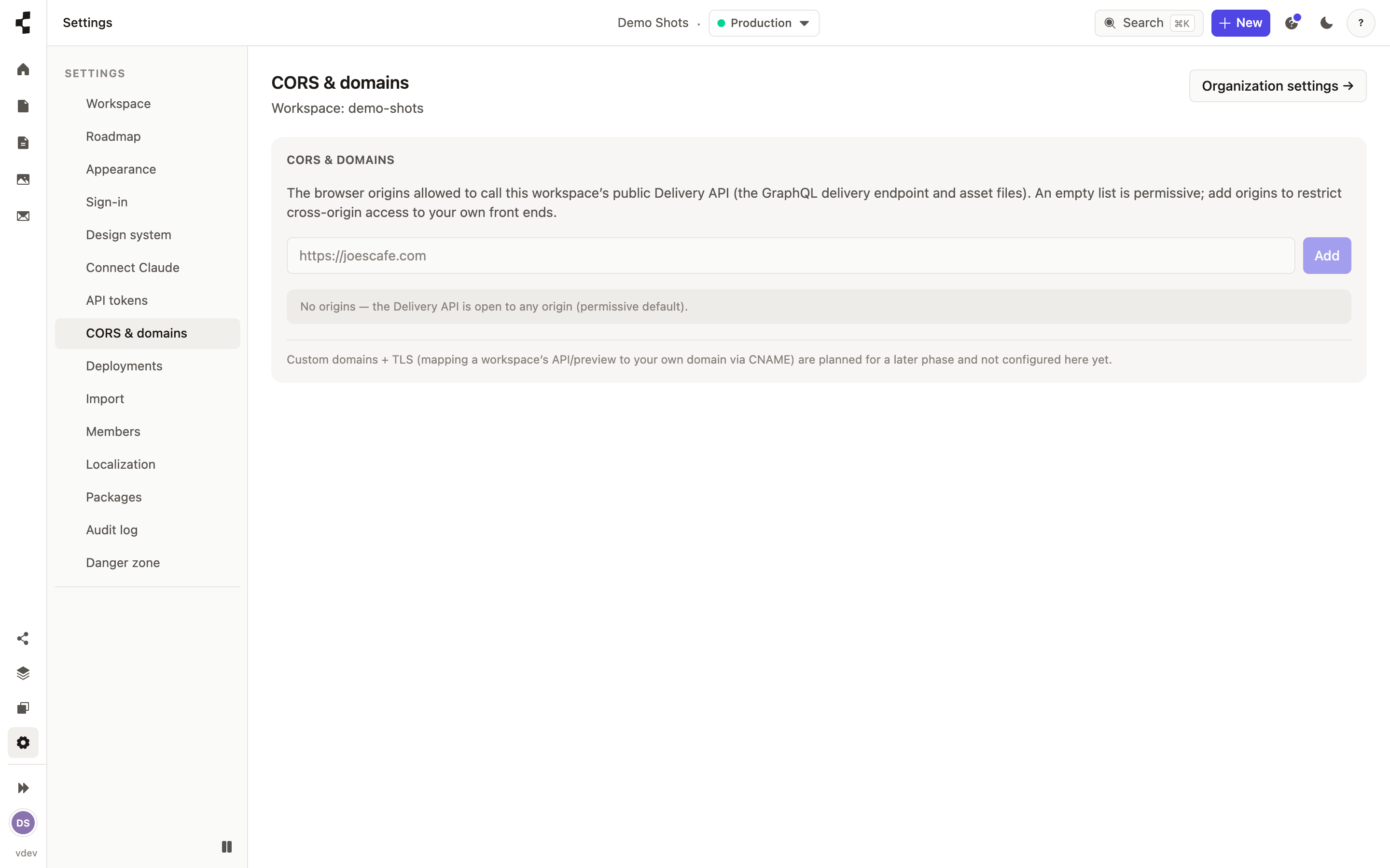 The Domain & address settings, adding a custom domain and the allowed origins that may read the content.
