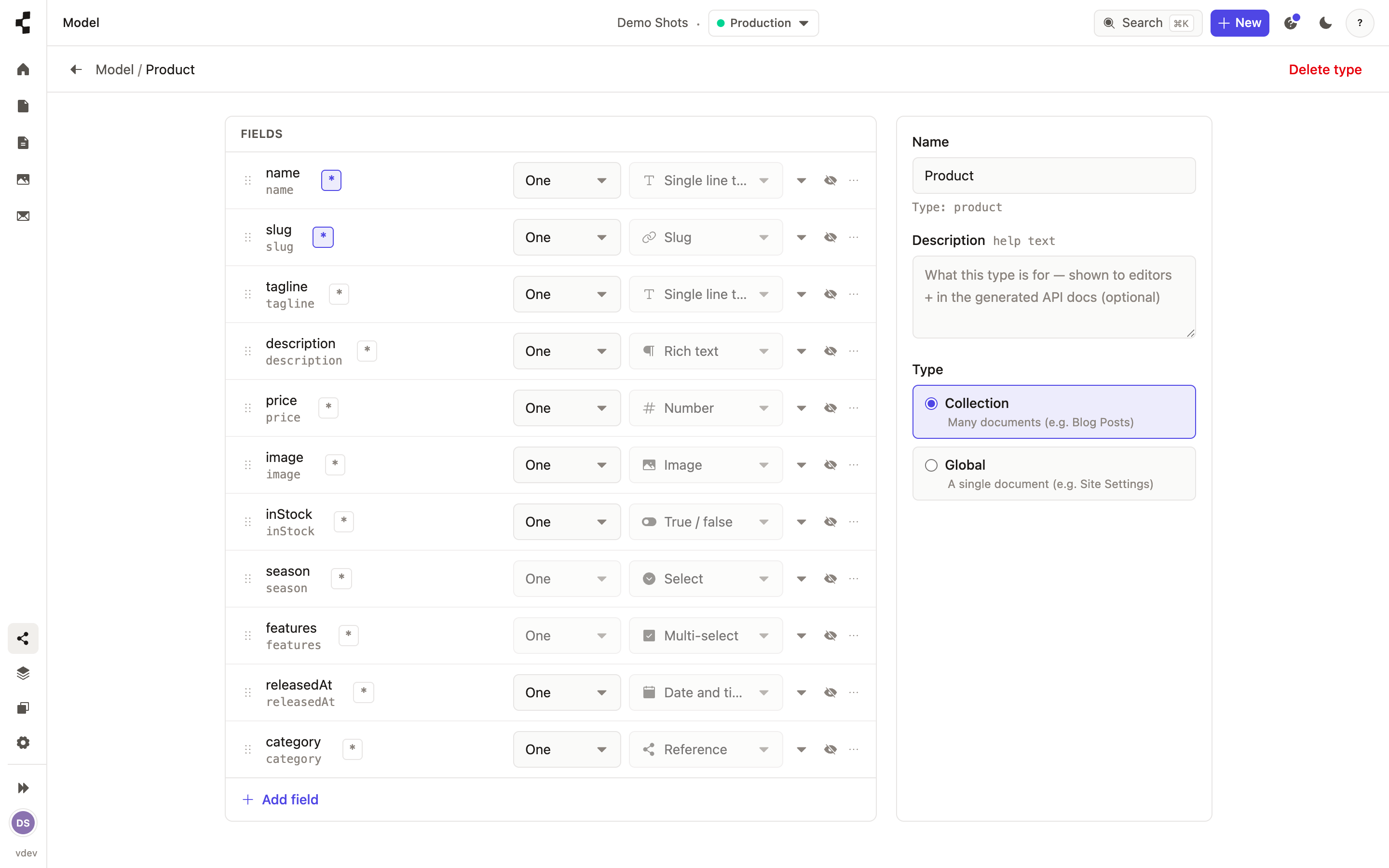 Adding a field to a content type, choosing its type from the list of available field types.