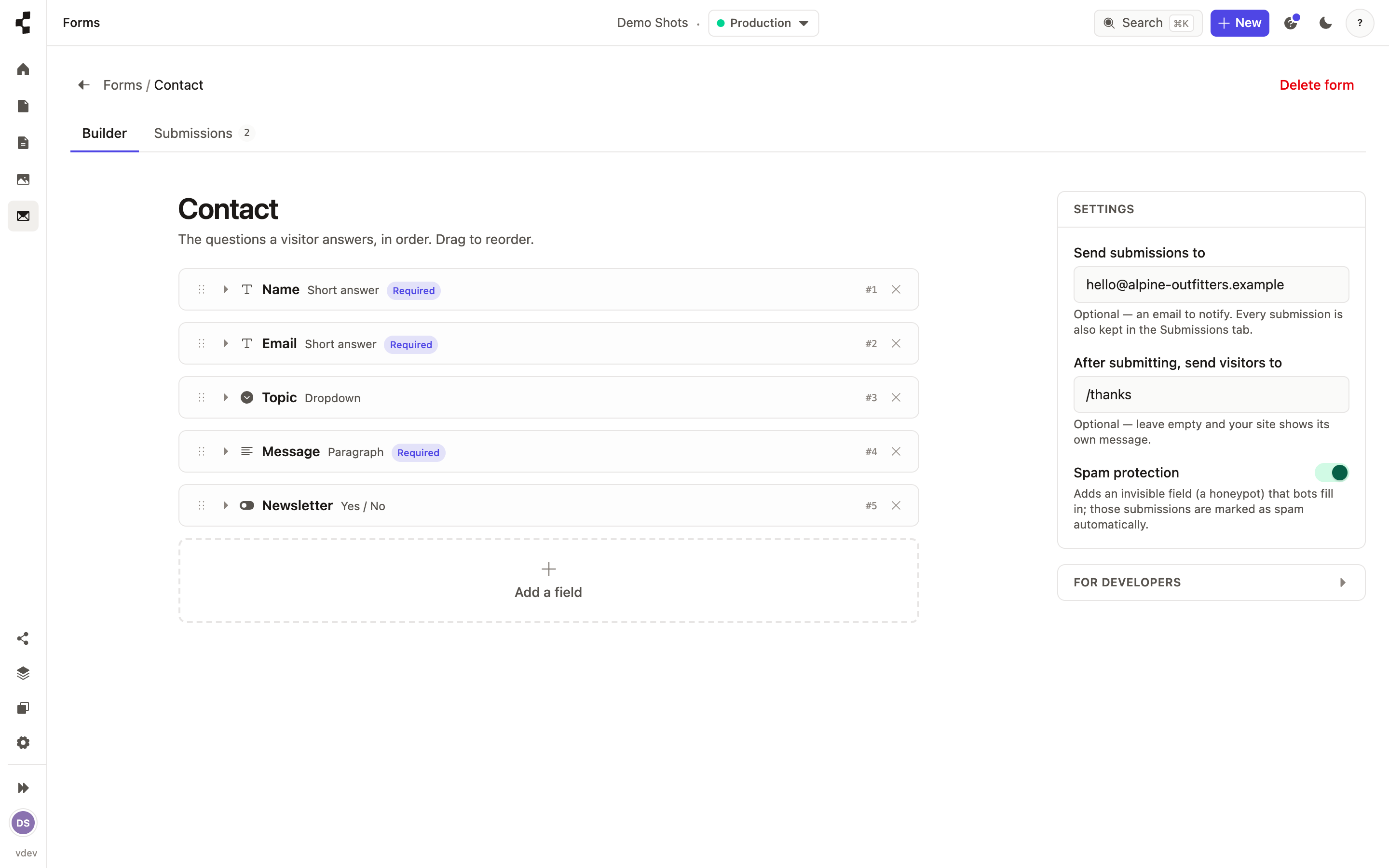 The Forms builder editing a contact form, with its fields listed and a panel to add more.