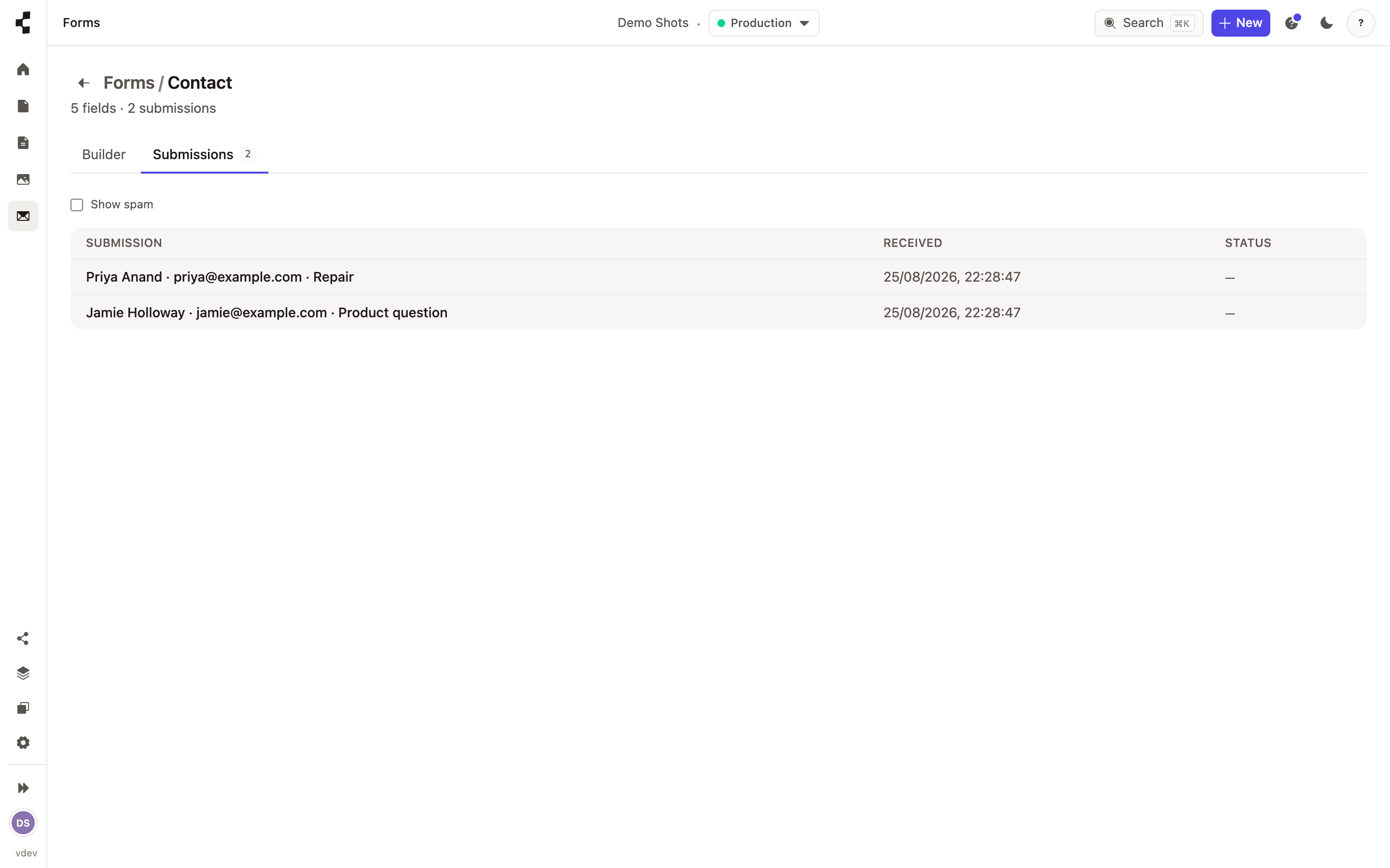 A form’s responses inbox, listing each submission a visitor has sent.