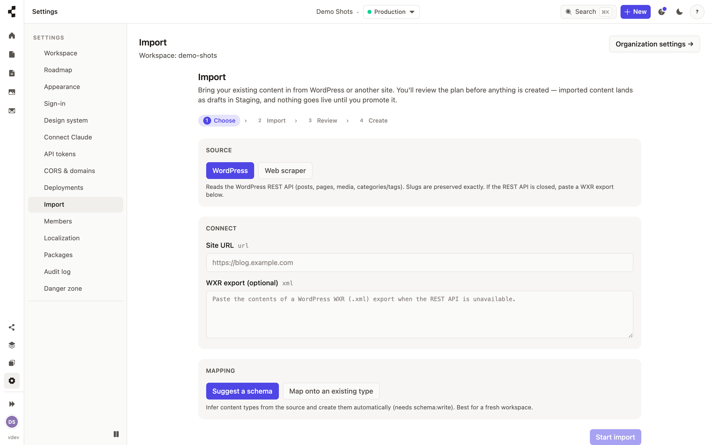 The Import settings, choosing a source such as WordPress and pointing it at the site to bring in.