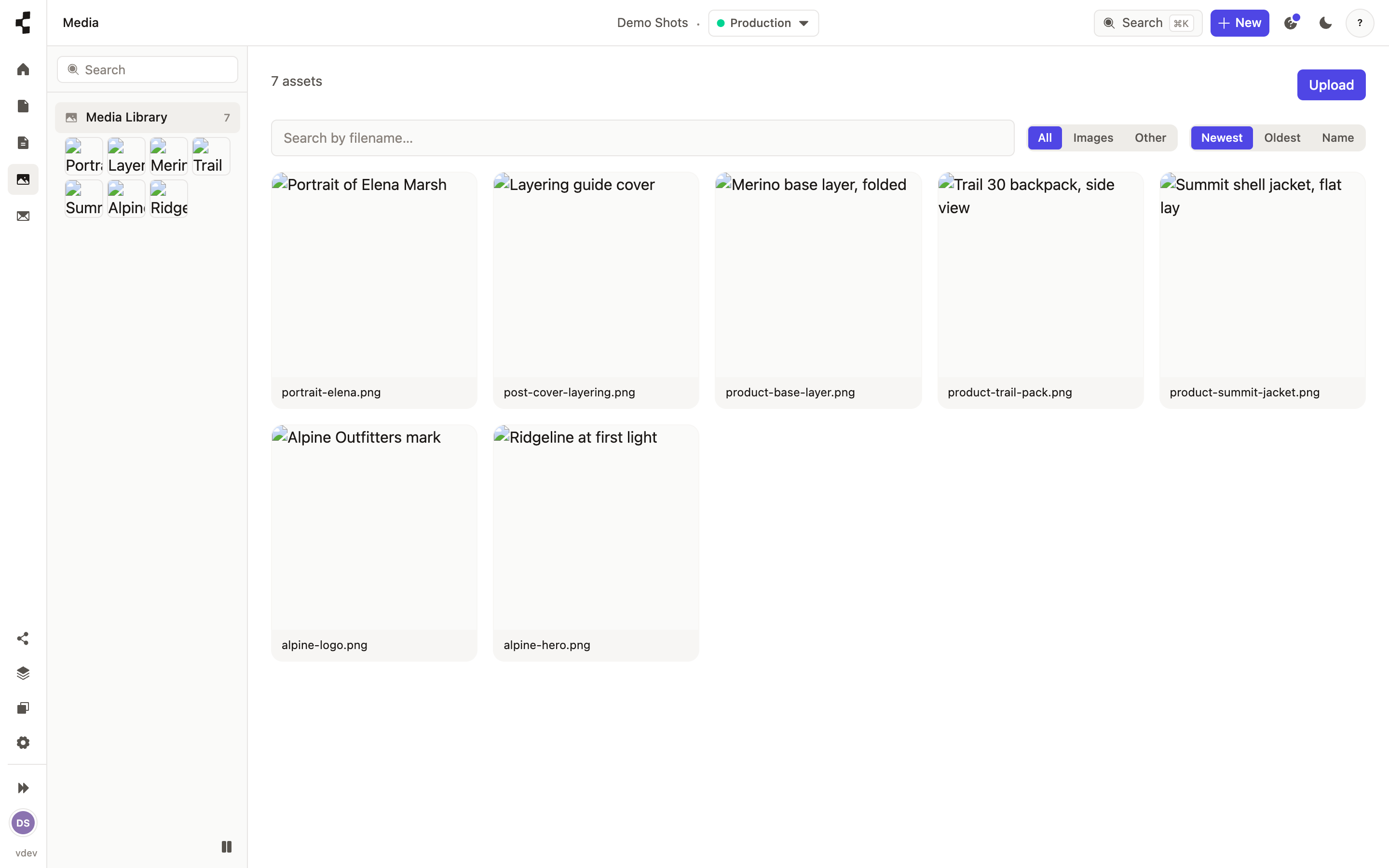 The Media library grid of uploaded images, with thumbnails, alt text and tags.