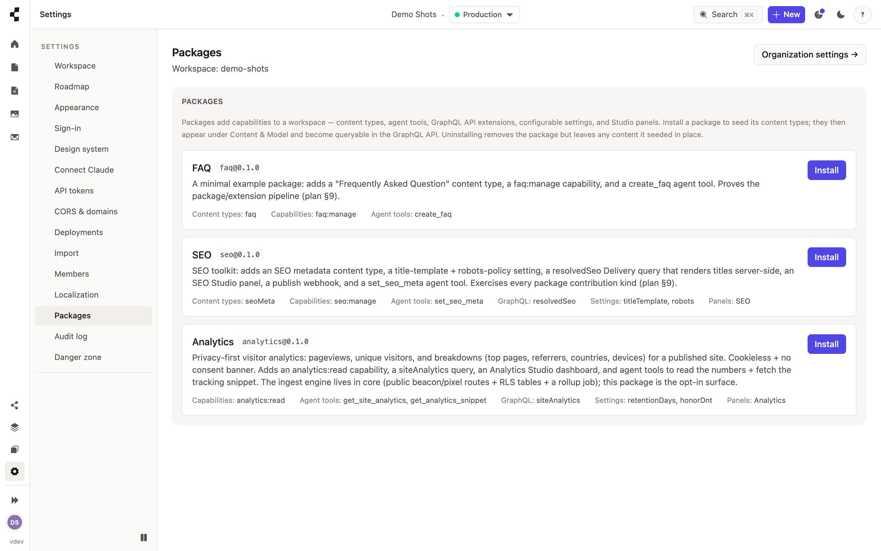 The Apps settings, listing installable capabilities with an install button for each.