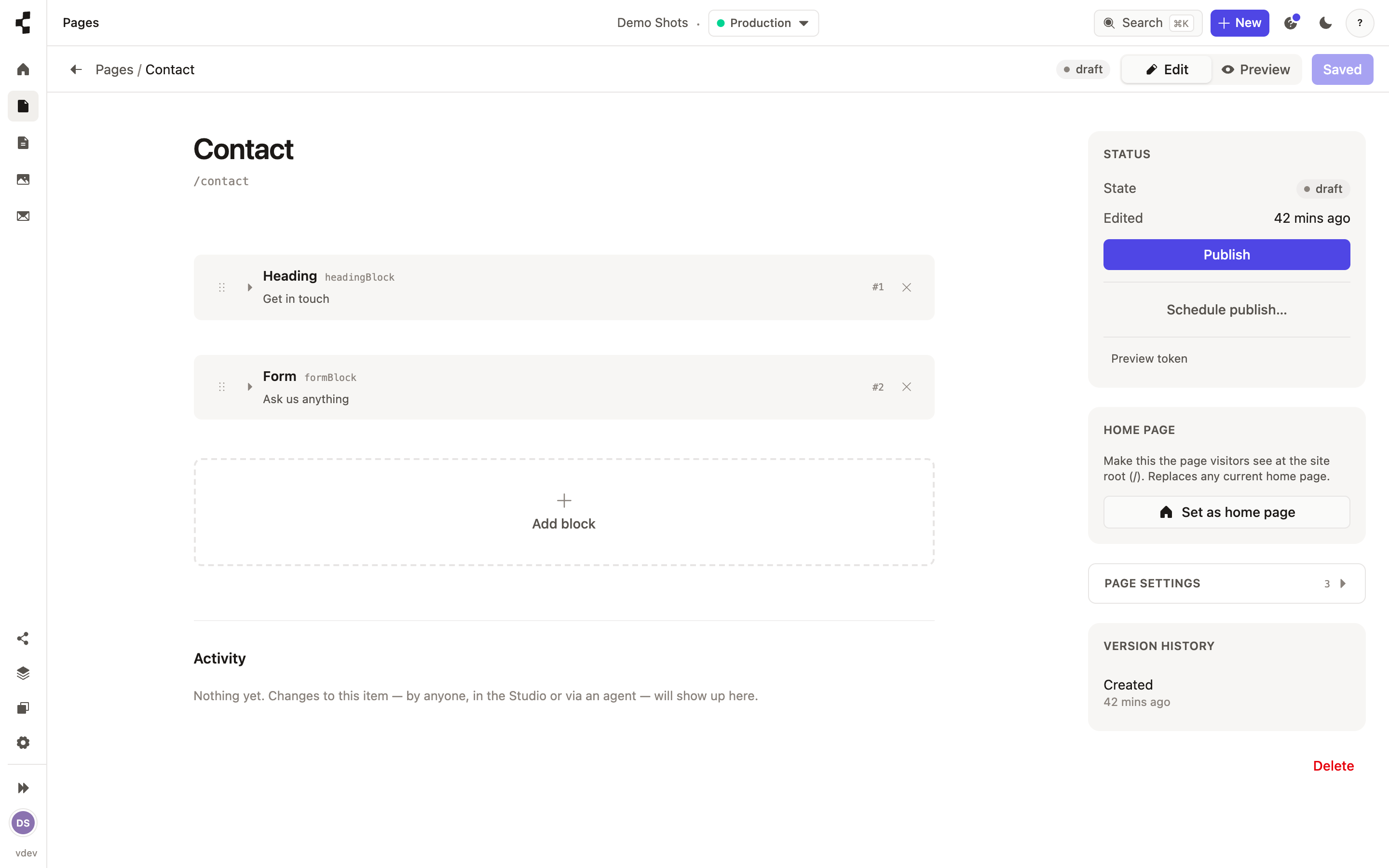 A page built as an ordered list of stacks — Hero, Feature grid, Rich text and Call to action blocks.