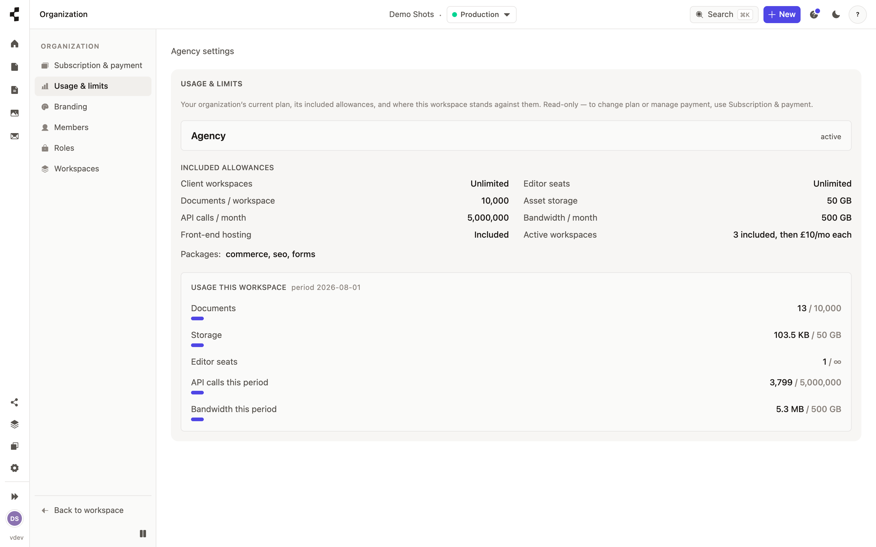 The Billing and usage page, showing the current plan, workspaces and seats in use, and invoices.