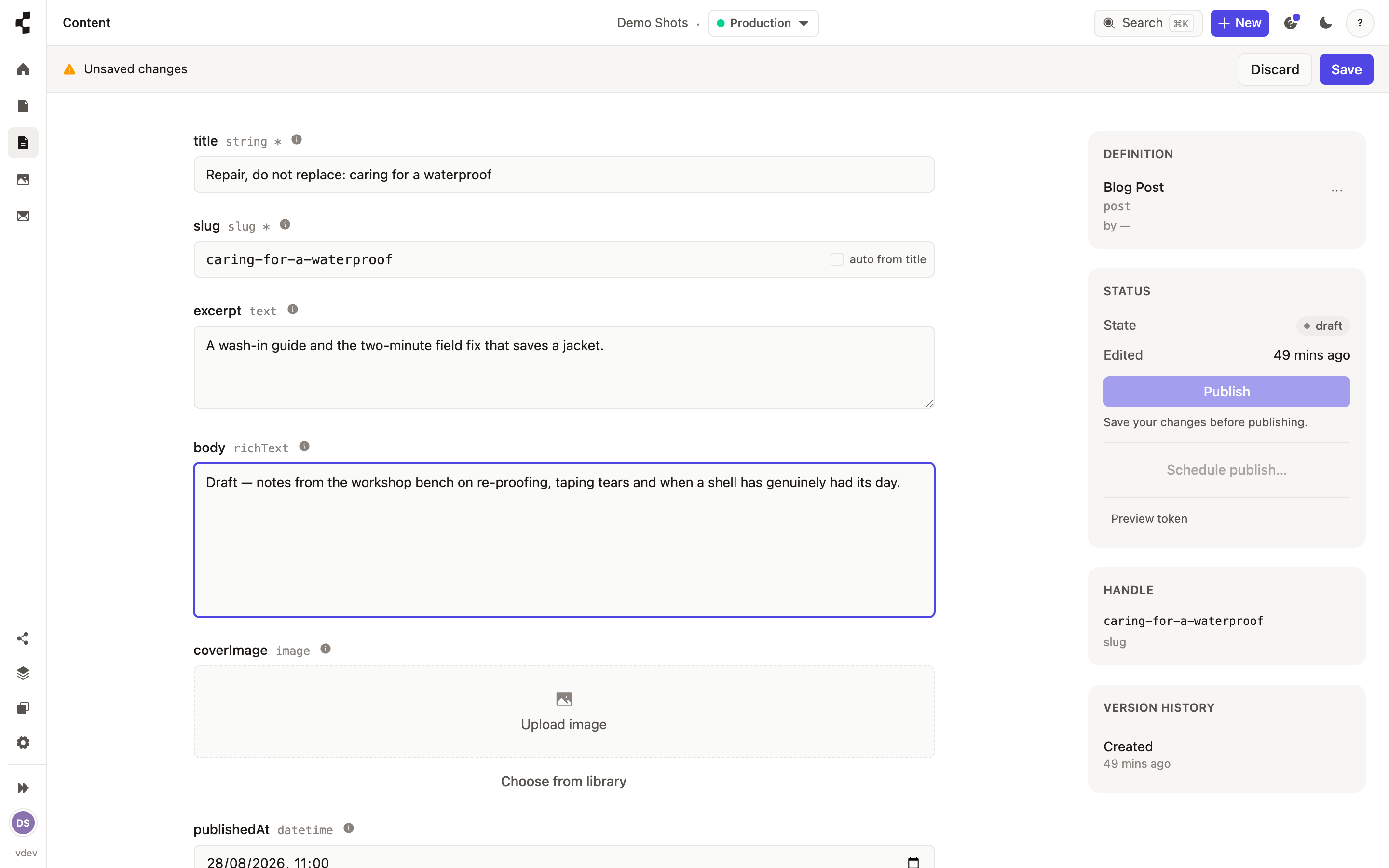 The rich-text editor with the slash menu open, offering blocks to insert into the content.