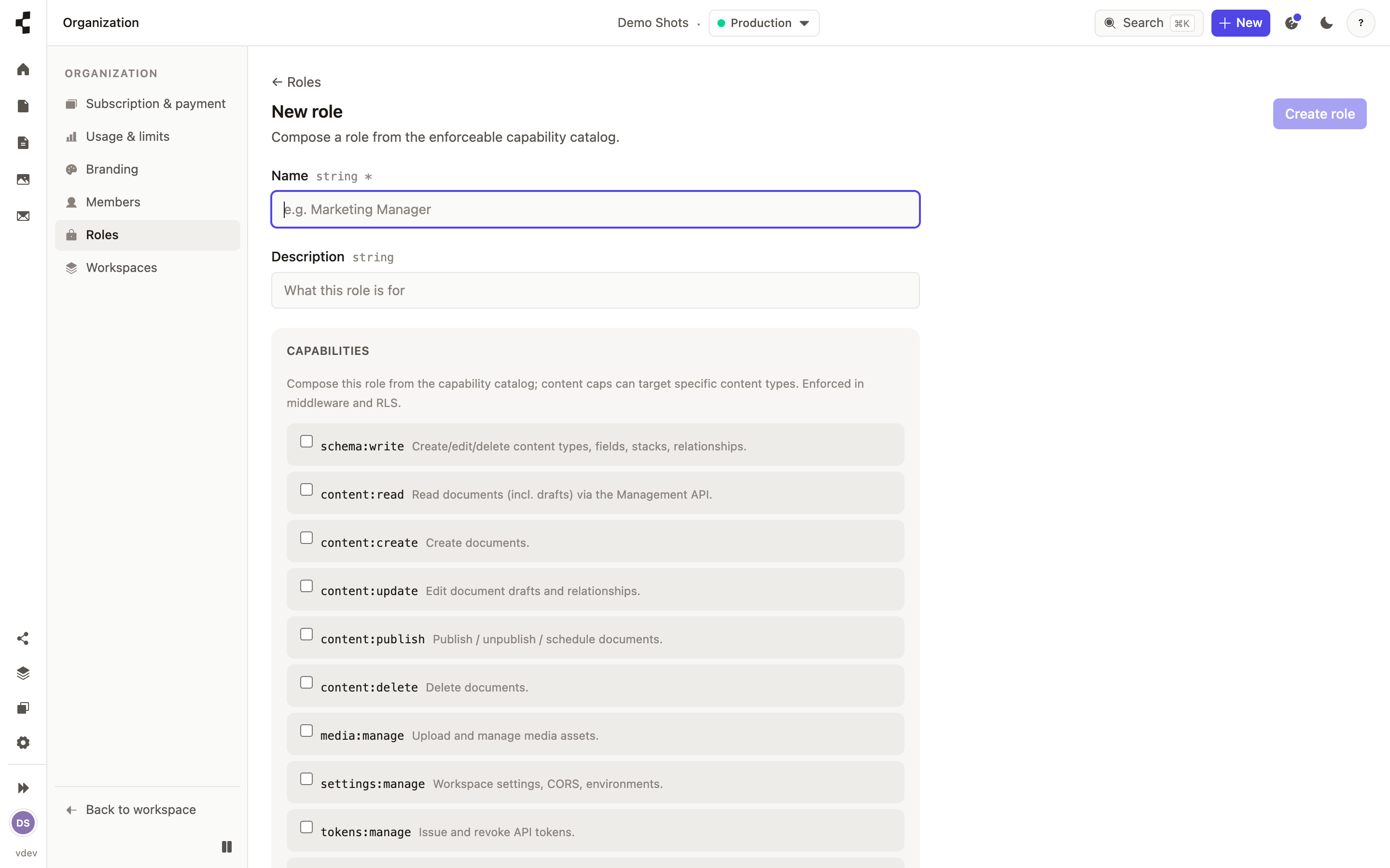 The role editor, a grid of permissions crossed with content types for building a custom role.