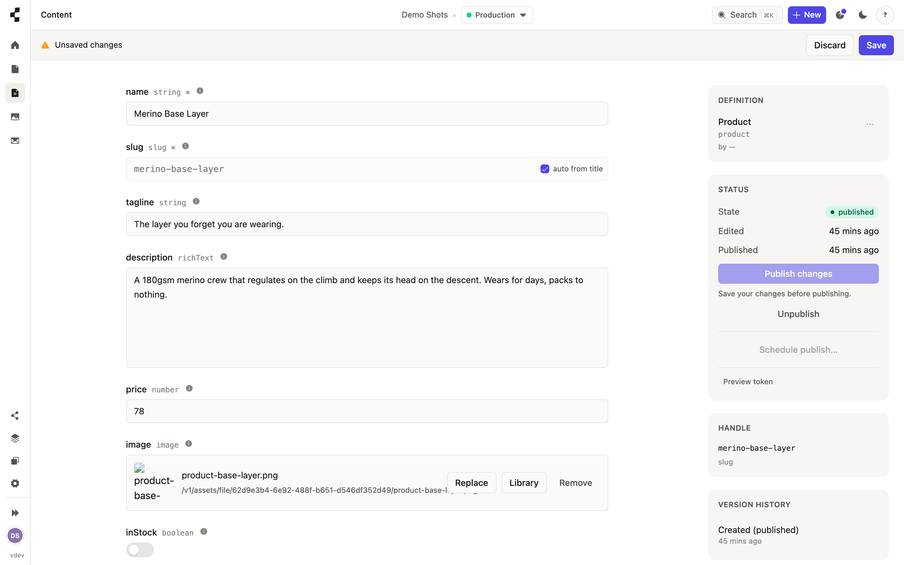 An entry’s version history, listing past saves with the option to restore any of them.